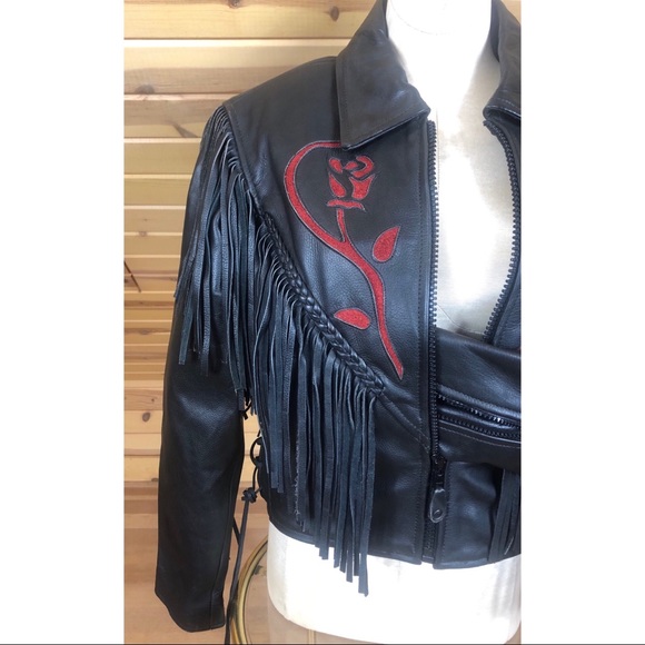 Vintage Echtes Leder Leather Moto Fringe Jacket w/ Red Roses Sz Small - Picture 2 of 7